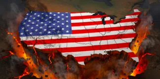 The 2026 Collision: Two Americas on the Brink of the Midterms Map of the United States overlaid with the American flag, surrounded by flames and smoke.
