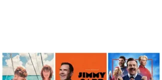 Three Defiant Acts of Optimism for the End of the World Triptych of posters: left a couple on a sailboat, middle an orange Jimmy Carr poster, right a Ted Lasso cast poster
