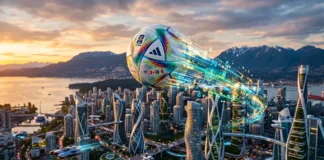 The Shape of Progress: What a Football Boardroom and a Restless AI Have in Common Futuristic city skyline with a colorful soccer ball streaking through the sky over high-tech towers at sunset